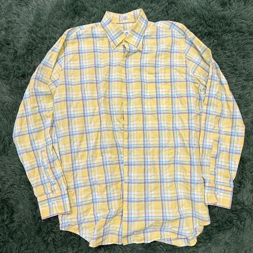 Peter Millar Men's Large Yellow Plaid Long Sleeve Button Down Linen Blend Shirt